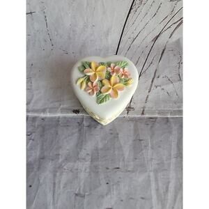 Vintage Bisque Porcelain Heart Shape Trinket Or Keepsake Box Floral with Lid